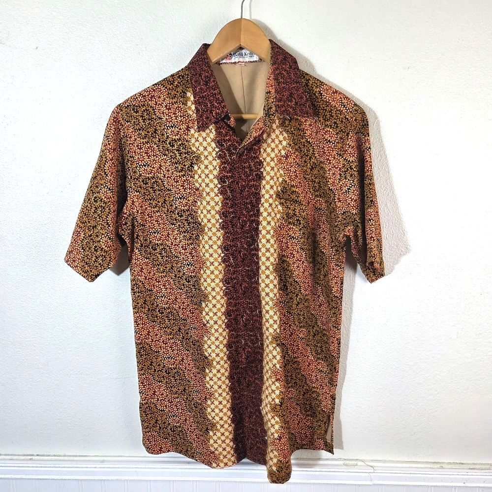 Vintage Batik Print Button Up Shirt Women Size 16 Boho Festival Ethnic Pattern